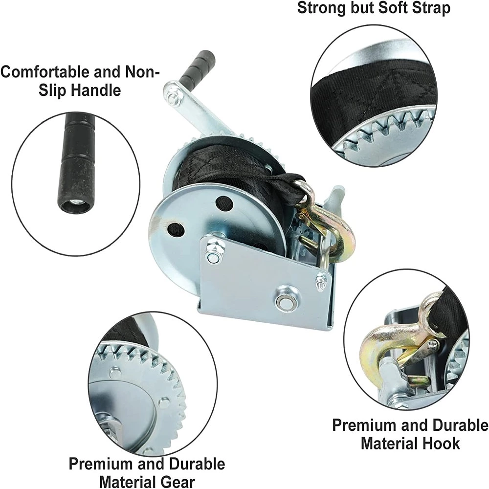 1BJY-HW-08B 2000lbs Dual Gear Heavy Duty Hand Winch Hand Crank Manual,boat Trailer Winch With 26ft(8m) Strap